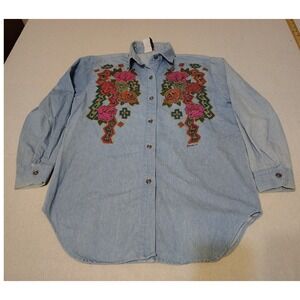 Grannycore Denim Shirt Women's Medium Blue Floral Long Sleeve Button Up Sz XL OO